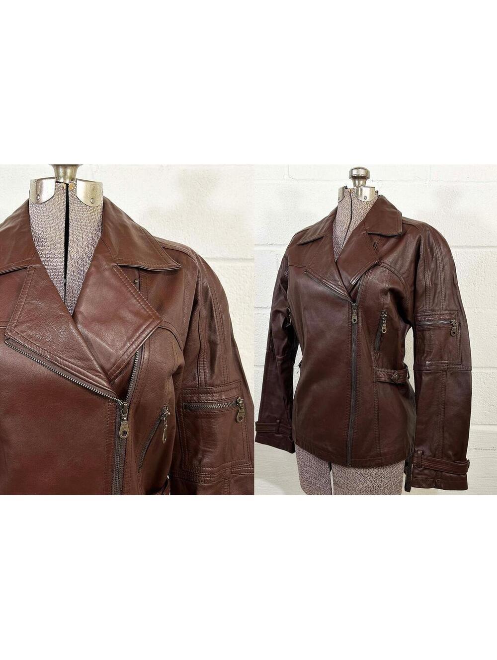 Brown Leather Biker Jacket 1980s Motorcycle Style Medium